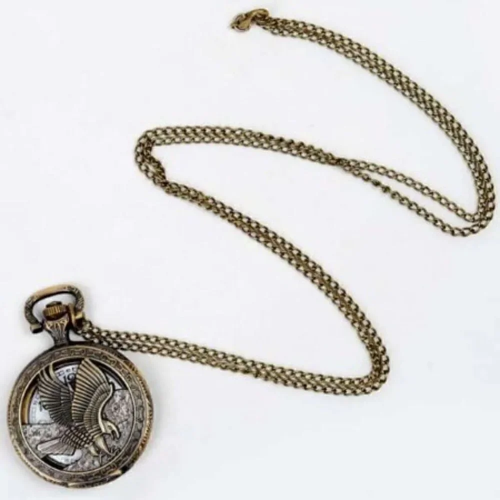 ANTIQUE BRONZE EAGLE LOCKET NECKLACE/POCKET QUARTZ WATCH
